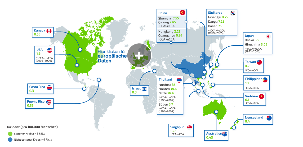 Map of world showing incidence of CCA